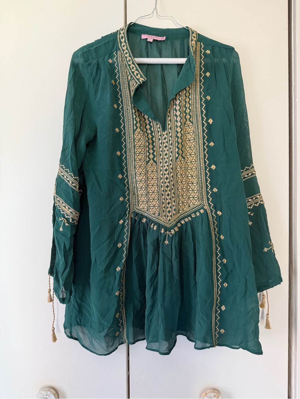 Calypso St. Barth Emerald Green Embroidered V-Neck Tunic